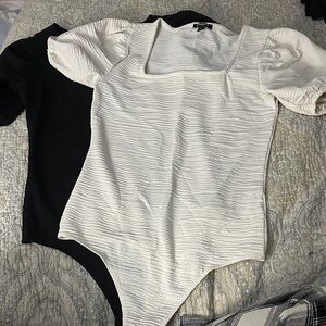 Express White & Black Textured Puff Sleeve Bodysuit